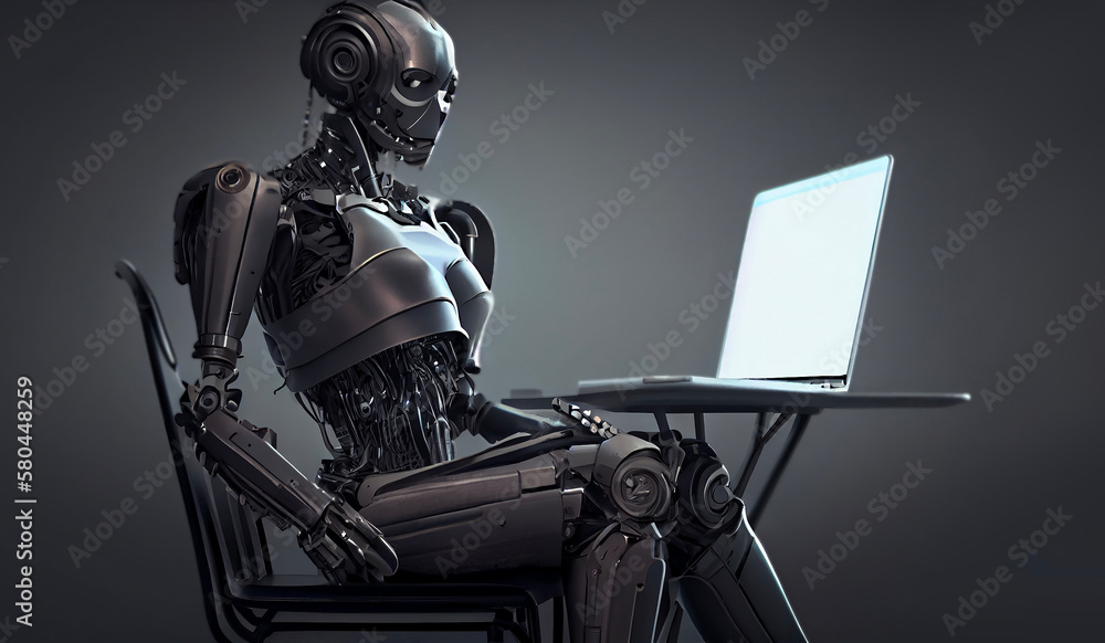 AI robot using computer software showing artificial intelligence technology. 3D ai generative illustration. AI robot using computer software showing artificial intelligence technology. 3D ai generative illustration.