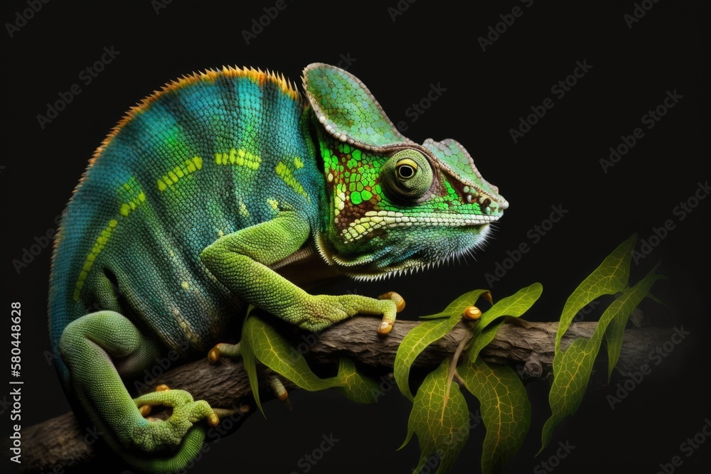 Fototapeta premium Chameleon with black background, beautiful of chameleon, chameleon branch, chameleon panther. Generative AI