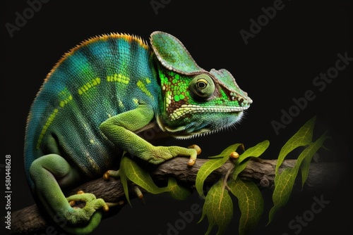 Chameleon with black background, beautiful of chameleon, chameleon branch, chameleon panther. Generative AI © AkuAku