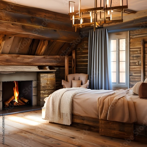 A rustic and country style bedroom with a log fire and traditional style furnishings3, Generative AI