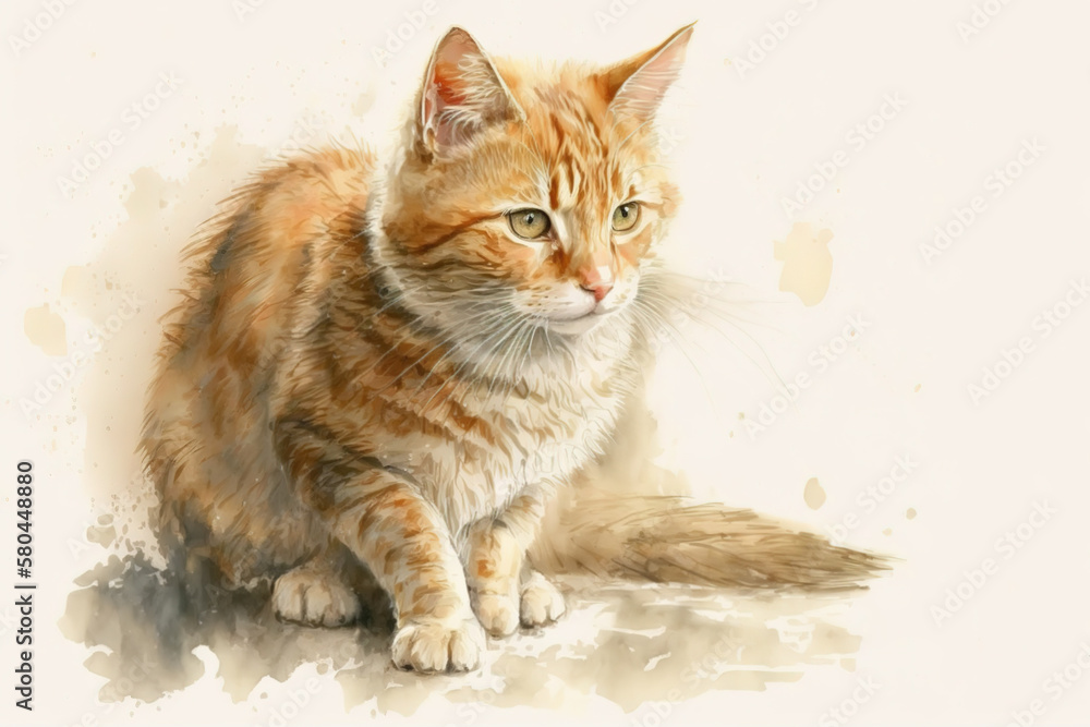 Obraz premium Generative AI. Red tabby cat, watercolor illustration isolated on beige background