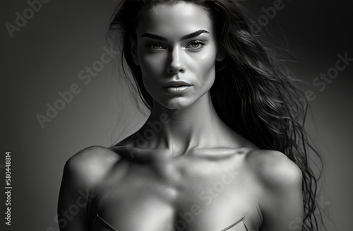 young woman with shoulder length hair, very slim build, off the shoulder bra, black and white illustration