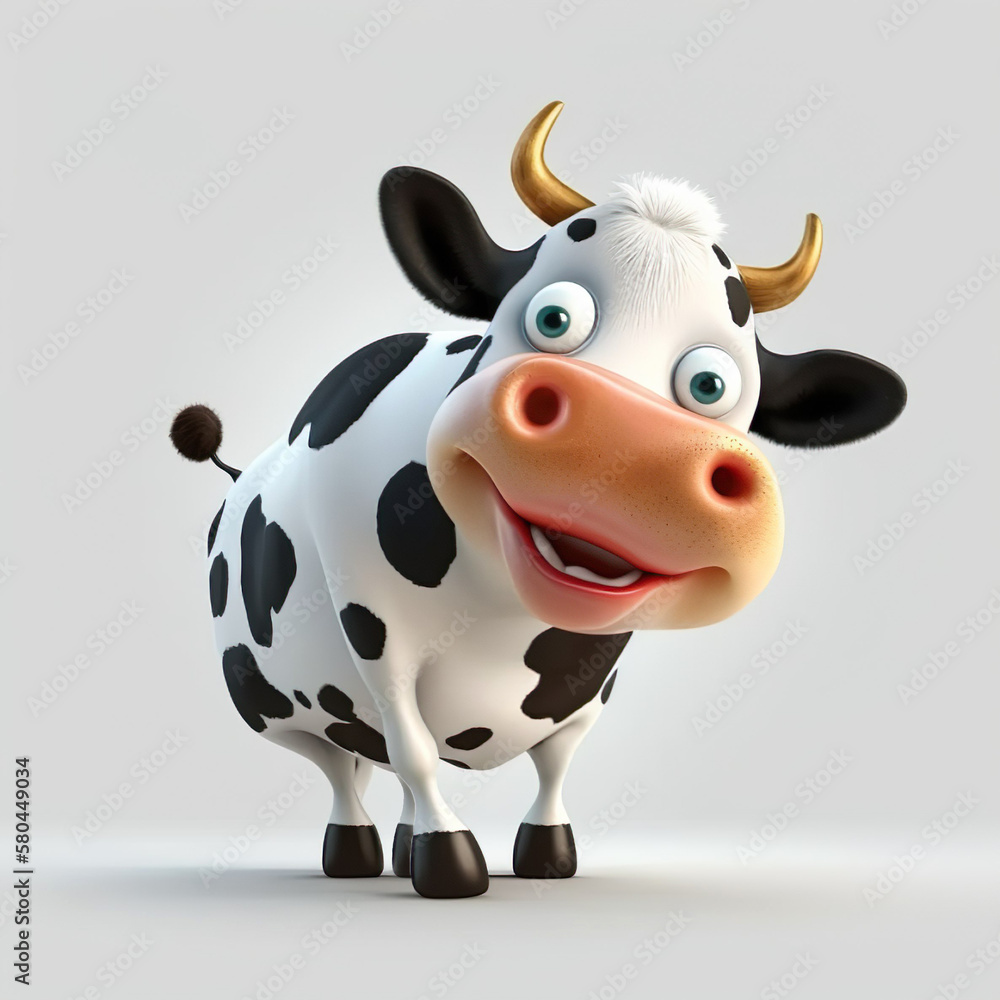 Cartoon cute Happy Cow, golden horns, greeting card with charming on white background Cartoon cute Happy Cow, golden horns, greeting card with charming on white background