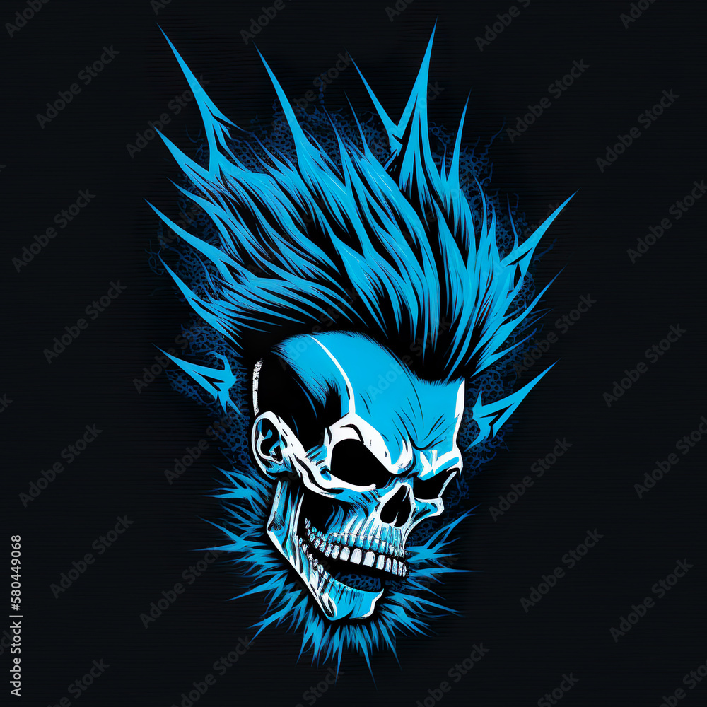 Blue Punk rock skull with bright mohawk on black background. AI art illustration.