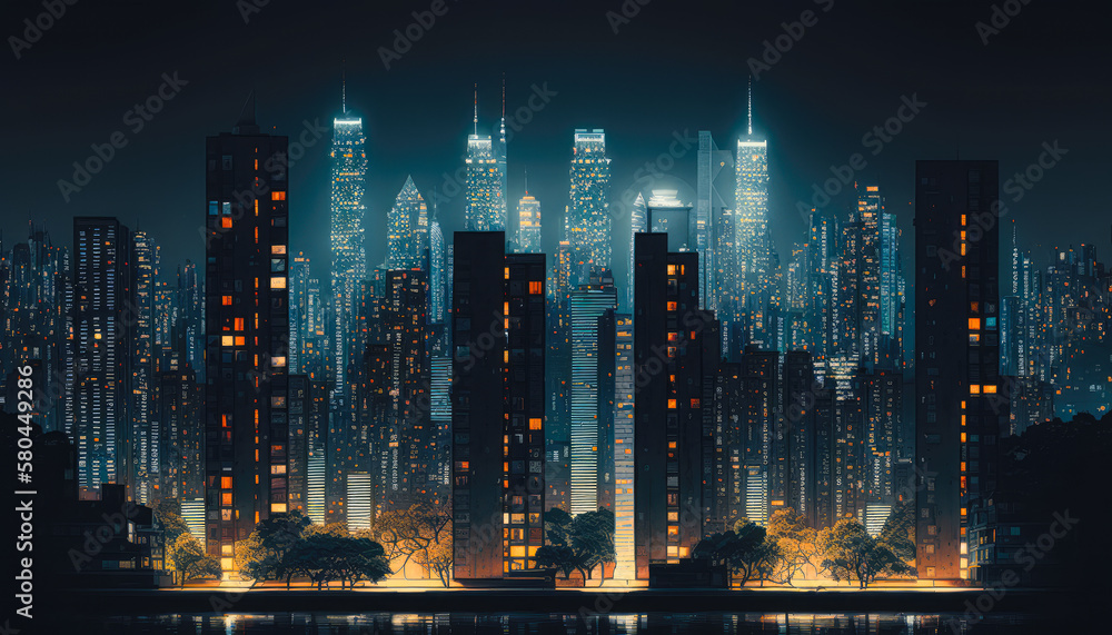 A panoramic shot of a city skyline at night through a window - Generative  AI Stock Illustration | Adobe Stock
