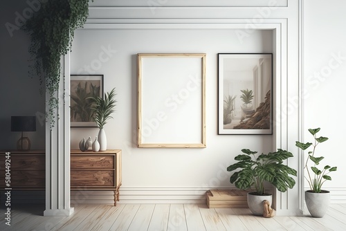 Mockup. Interior of a modern living room with a frame on the wall. Blank poster frame mock up. AI Generated. © Mr.Everrest