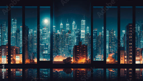 A panoramic shot of a city skyline at night through a window - Generative AI © Florian