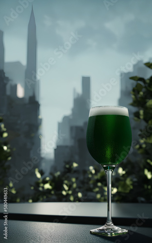 st. patrick s day  a glass with a green drink  against the backdrop of a dark city skyline