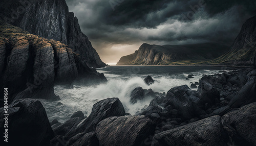 wave walk on a rocky coast, many big stones, dark clouds