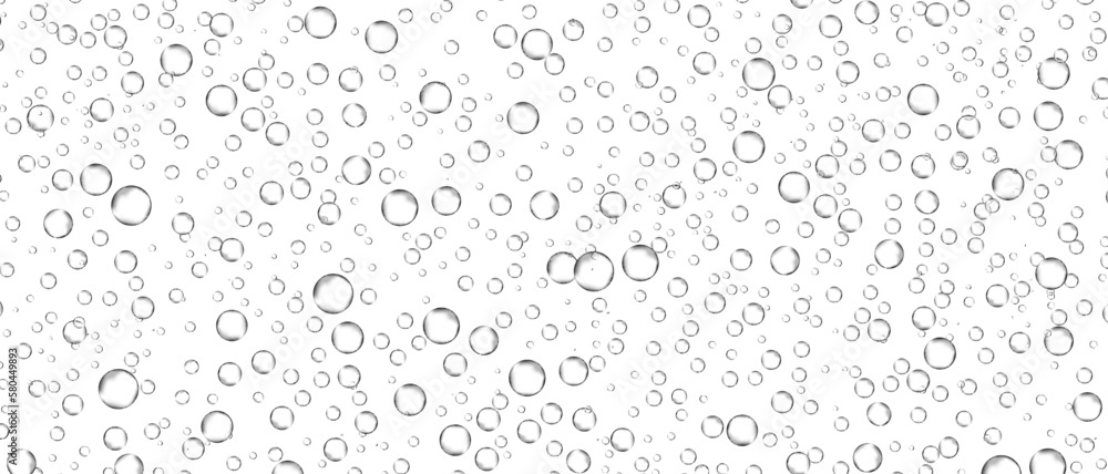 Water bubbles set isolated on white background. Air water bubbles for soda effect, transparent backdrop, icon design, champagne bubbles, texture and wallpaper. Water drops pattern, vector illustration