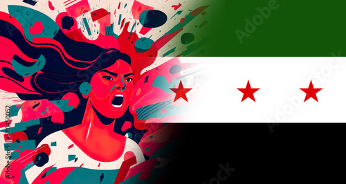 Women, flag Syrian Opposition. Syrian revolution Poster photo