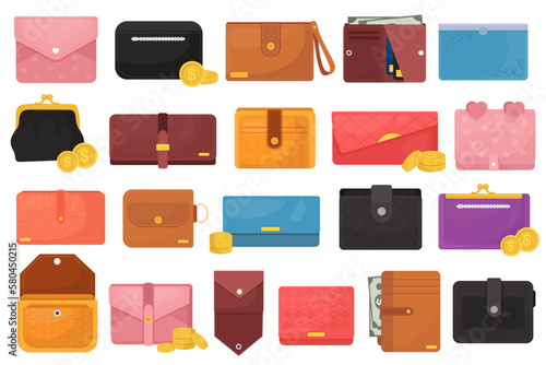 Leather wallets with money coins and banknotes