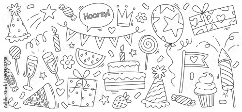 Linear set of holiday design elements. Party decorations. Festive flags, birthday cake, balloons, glasses with champagne