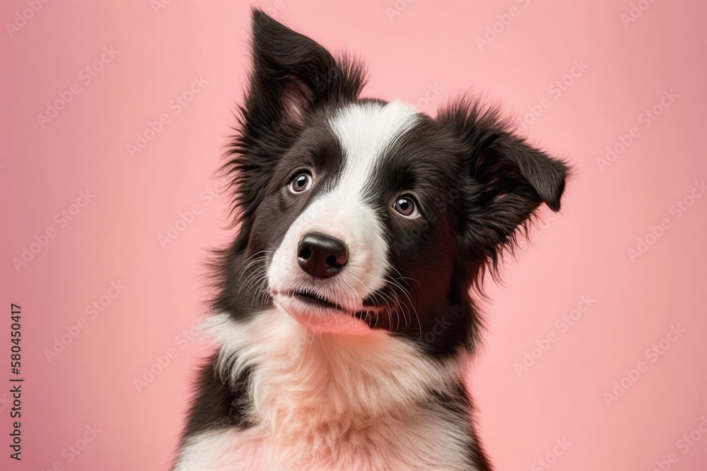 Cute border collie puppy dog dog smiling in studio isolated on pink background. A new member of the family, a small dog, looks around and waits for a treat. Care for pets and ideas about animals. Bann