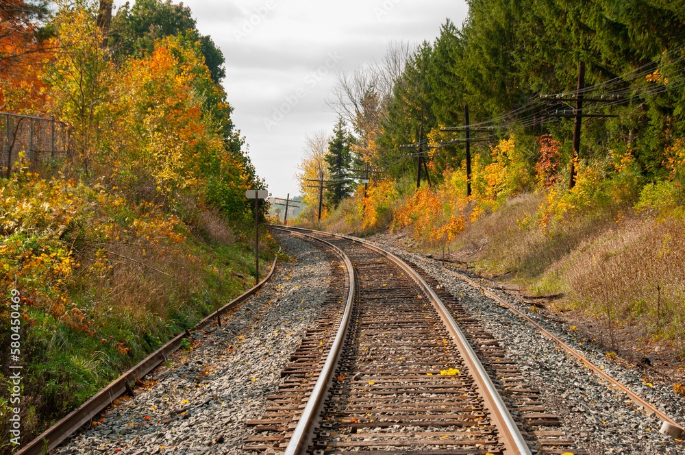 A train track bending around a corner through a forest during autumn A train track bending around a corner through a forest during autumn