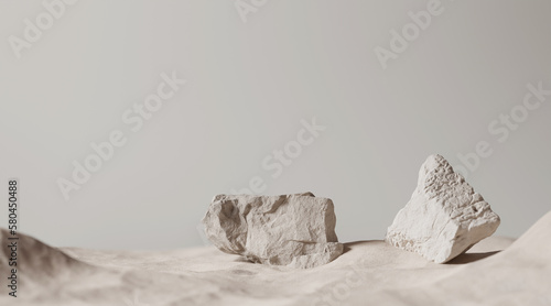 3D background. Podium, stone display. Beige luxury backdrop with desert sand. Minimal pedestal for beauty, cosmetic product presentation. Dune mockup with sun shadow. Summer template, studio 3d render