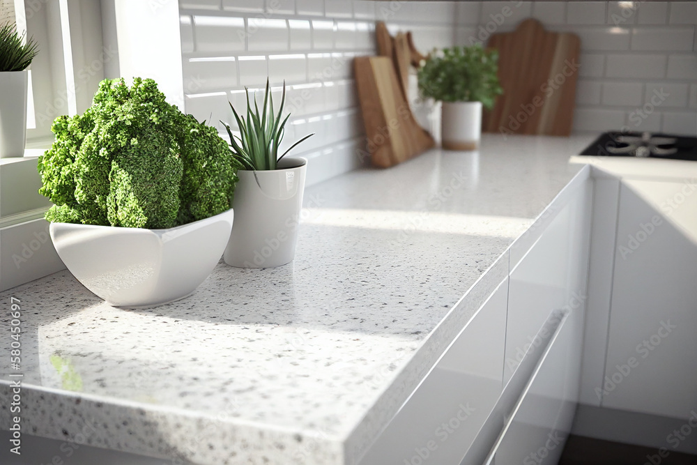 white marble worktop of a cosy sunny kitchen closeup. Generative AI white marble worktop of a cosy sunny kitchen closeup. Generative AI
