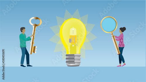 Woman and man, family business or scientist, doctors, researcher with magnify and golden key and light bulb in middle. Vector illustration. Dimension 16:9.