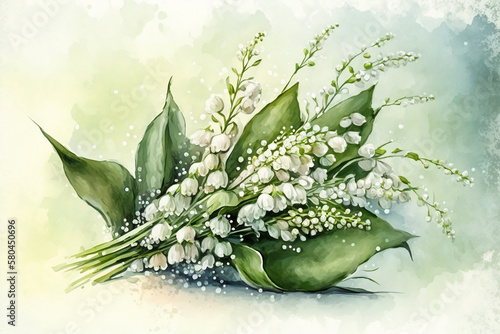 Lily of the valley watercolor painting, symbol of the 1st may, green colors, AI