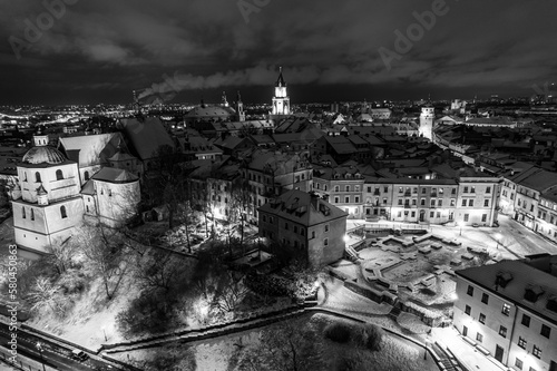 Lublin Old Town. Lublin Castle. Lublin Grodzka Gate. Classic town look. Aerial view of old town in Lublin. Polish old cities. Poland old town. Night view of old town. Lublin by night.