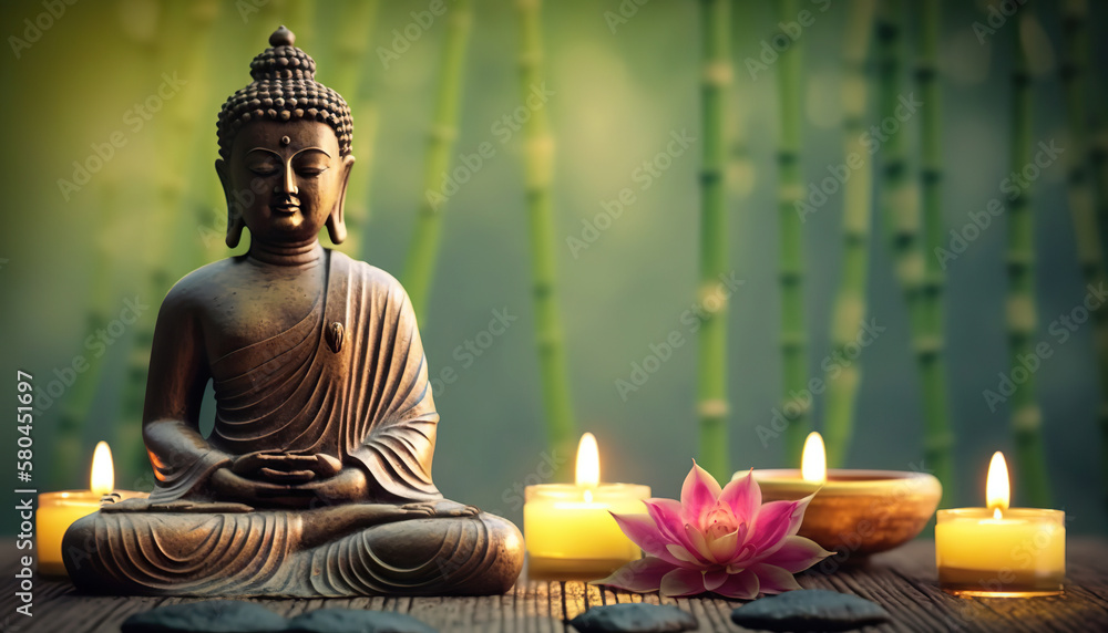 Buddha statue with candles on natural background. Copy space. Based on