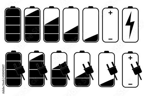 vector set battery level indicator, Black Outline isolated on white