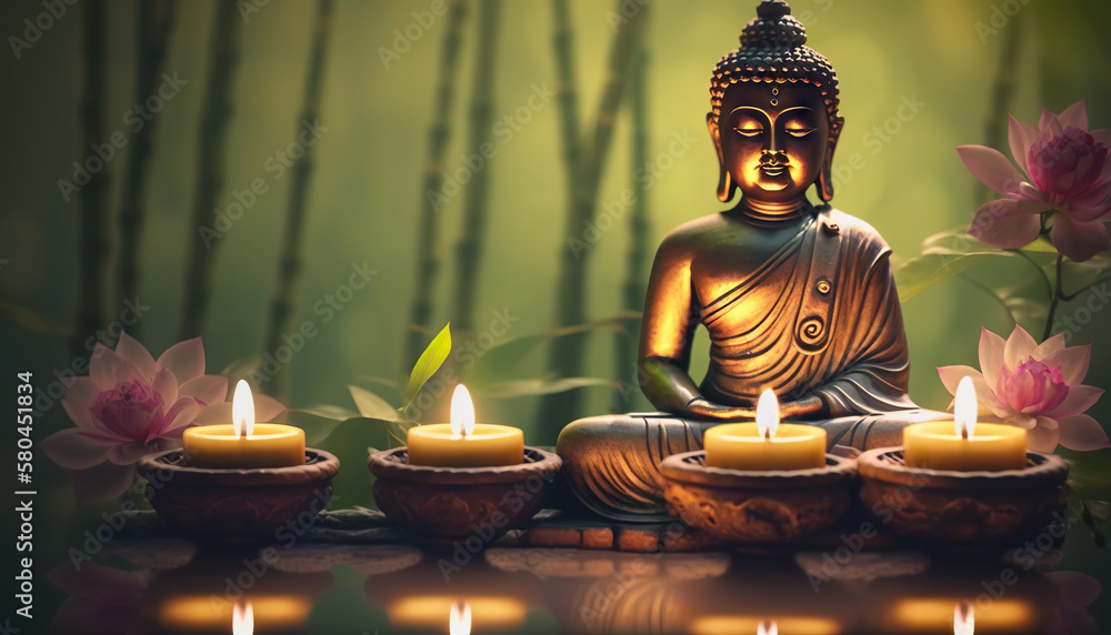 Buddha statue with candles on natural background. Copy space. Based on Generative AI - obrazy, fototapety, plakaty 