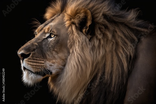 A side portrait of a big male African lion  Panthera leo  against a black background  South Africa. Generative AI