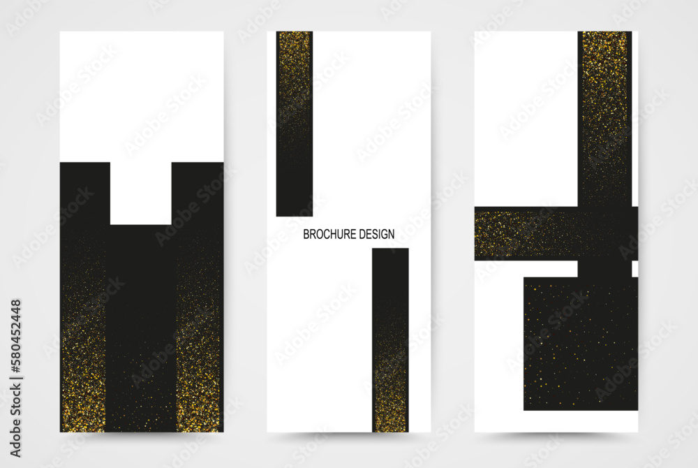 Three vertical banners are decorated with black rectangles with gold dust