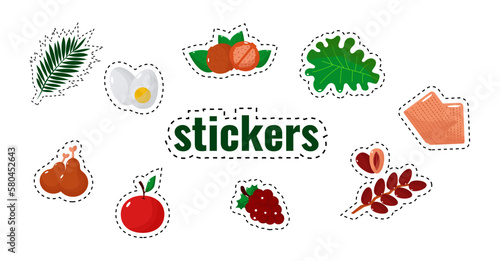 Stickers Jewish holiday Passover, Pesach, traditional icons and symbols. Vector illustration