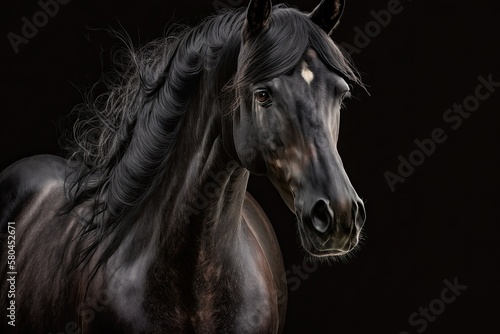 A young black stallion with a big head turns his back to look at the camera. On a dark background is a portrait. The animal's looking eyes. Generative AI © AkuAku