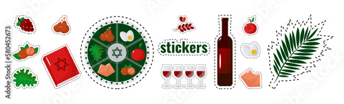 Stickers Jewish holiday Passover, Pesach, traditional icons and symbols. Vector illustration