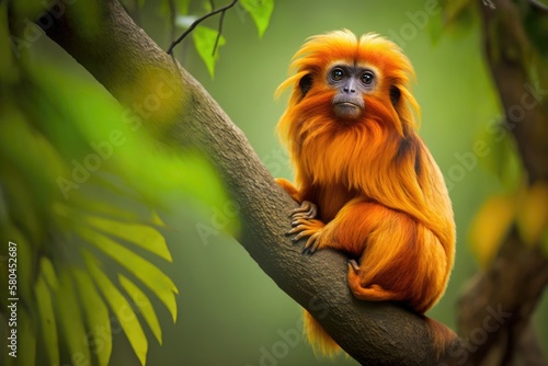 An endangered Golden lion tamarin (Leontopithecus rosalia) sitting on a tree in one of the few remaining patches of Atlantic rainforest where they still live, Silva Jardim, Rio de Janeiro state, Brazi photo