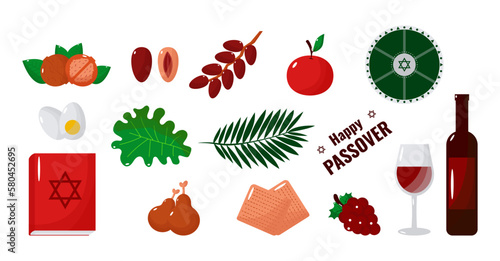 Jewish holiday Passover set, Pesach collection, traditional icons and symbols on white background. Vector illustration