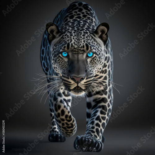 Beautiful card of predatorl leopard with blue eyes  photo