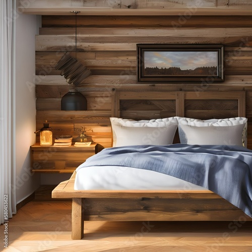 A cozy cottage bedroom with a plaid quilt and a rustic wood headboard2, Generative AI