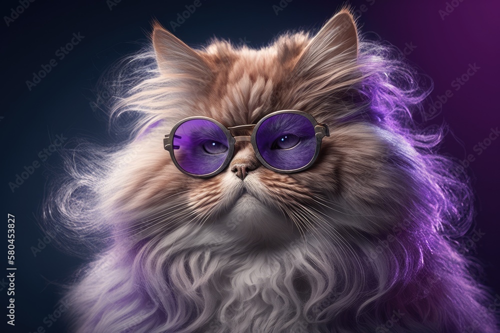 A picture of a straight, fluffy, highland cat with round sunglasses and long hair. Fashion, style, and a cool idea about an animal. In the studio. The cat is white, and the background is violet