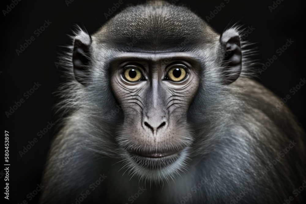 A picture of a monkey with bright eyes looking straight into the camera. Macaca fascicularis, also known as the crab eating macaque or the long tailed macaque, on Bali. Generative AI A picture of a monkey with bright eyes looking straight into the camera. Macaca fascicularis, also known as the crab eating macaque or the long tailed macaque, on Bali. Generative AI