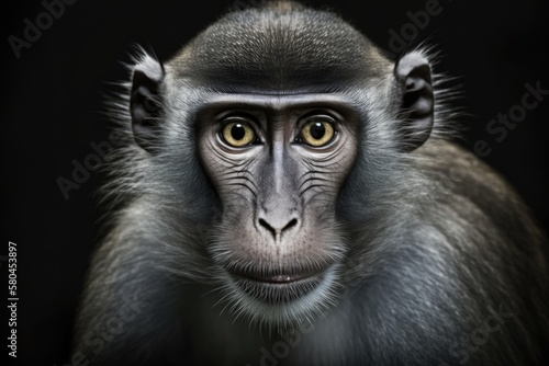 A picture of a monkey with bright eyes looking straight into the camera. Macaca fascicularis, also known as the crab eating macaque or the long tailed macaque, on Bali. Generative AI © AkuAku