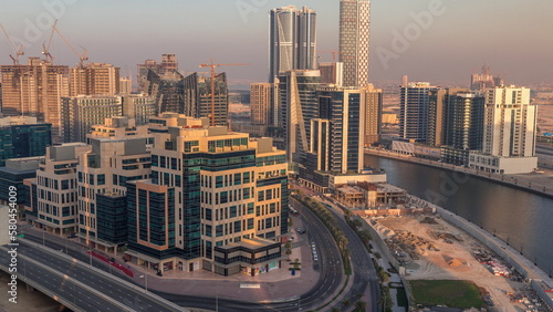 Photography Bay Square district timelapse with mixed use and low rise complex office buildin