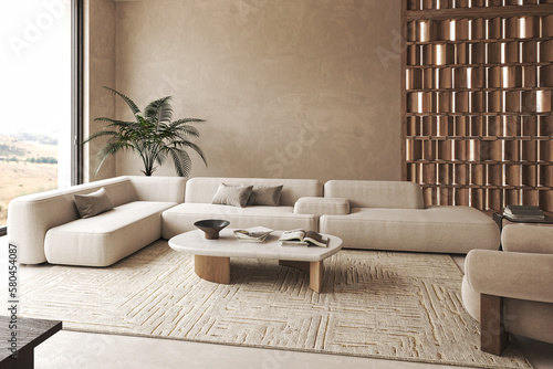 Modern interior composition with modular sofa, large carpet and decor palm tree. Big window with landscape view. Decoration wooden panels. 3d rendering. High quality 3d illustration