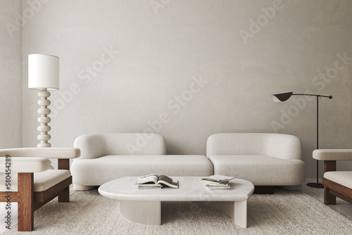 White living room interior with sofa and chairs, coffee table with books and decoration. Modern large lamp. Mockup copy space wall. 3d rendering. High quality 3d illustration