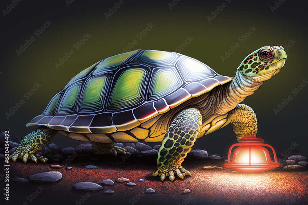 Illustration of a turtle with a shell and a lantern