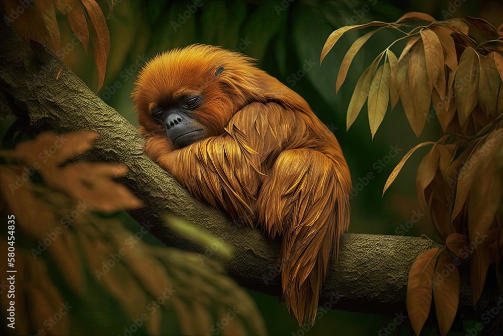 Fototapeta premium A rare and endangered Brown Howler is sleeping on a branch in So Paulo, Brazil's Botanical Gardens. Generative AI