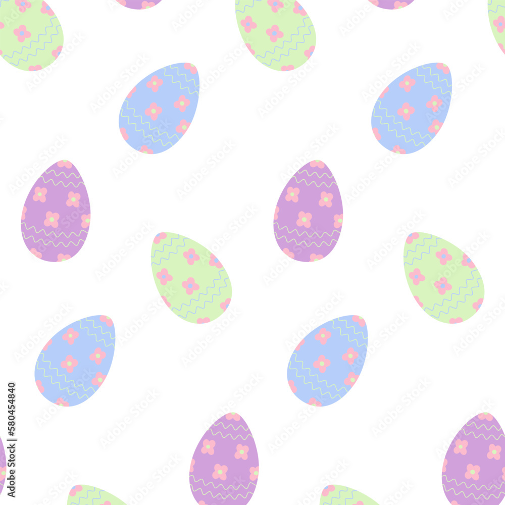 Seamless pattern of Easter eggs in trendy soft green, lilac and blue with wave and flowers pattern Seamless pattern of Easter eggs in trendy soft green, lilac and blue with wave and flowers pattern