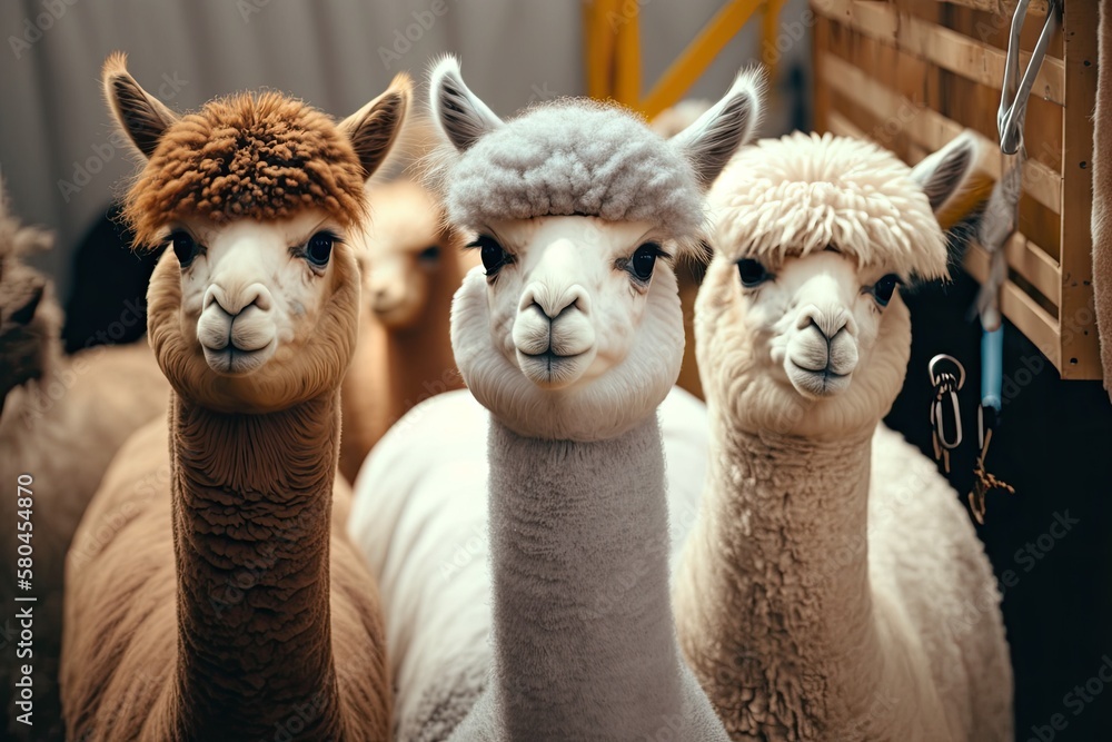 A picture of alpacas at a trade show or exhibition of farm animals. Farming, agriculture, livestock, and taking care of animals as a concept. Generative AI
