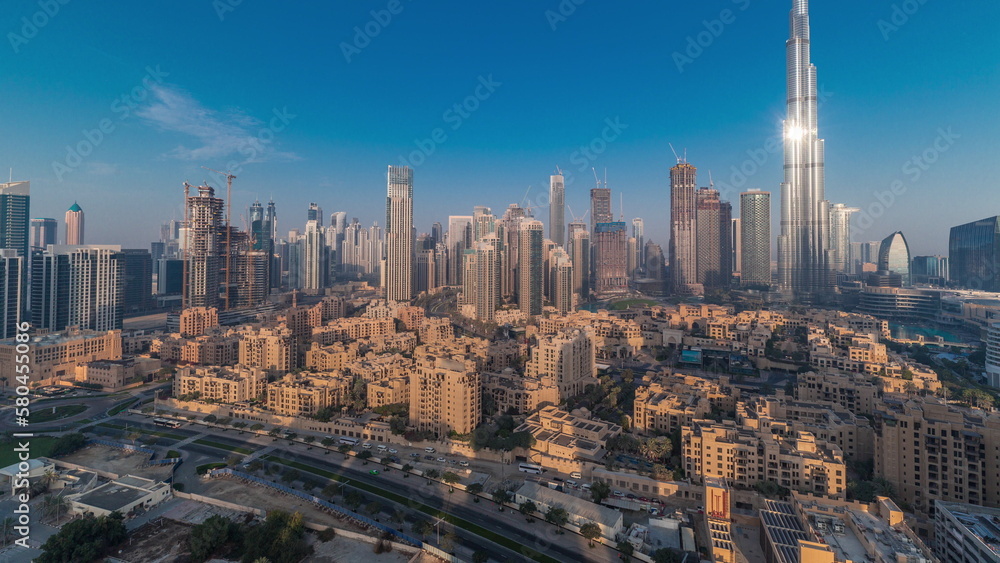 Dubai Downtown morning timelapse with tallest skyscraper and other towers