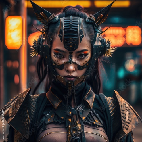 Portrait of futuristic female Cyberpunk Samurai warrior woman Cossplay -- generative AI