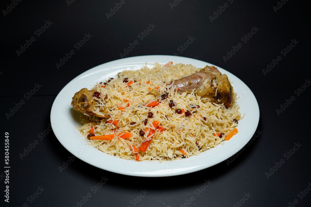 Kabuli Mahicha Pulao Special Afghan Cuisine Isolated on black background
					