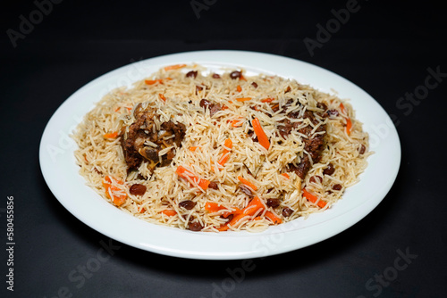 Kabuli Pulao Special Afghan Cuisine Isolated on black background